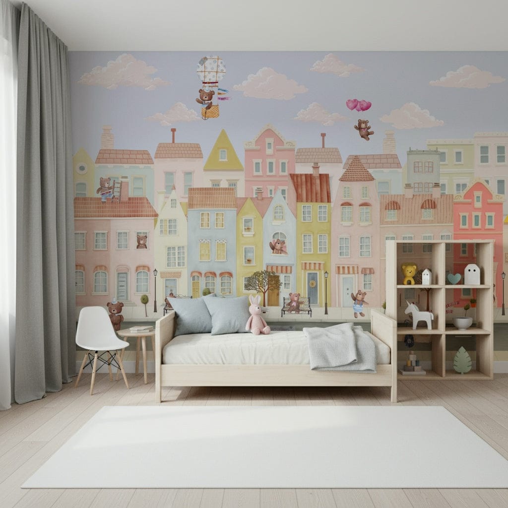 Charming storybook style wallpaper for a toddler bedroom wall mural.
