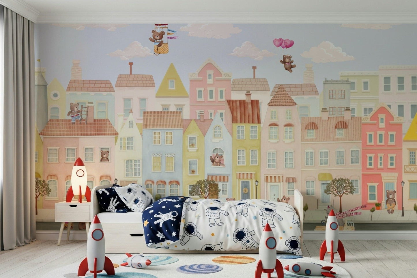Teddy's Town Wall Mural in a minimalist children's suite with rugs wallpaper.