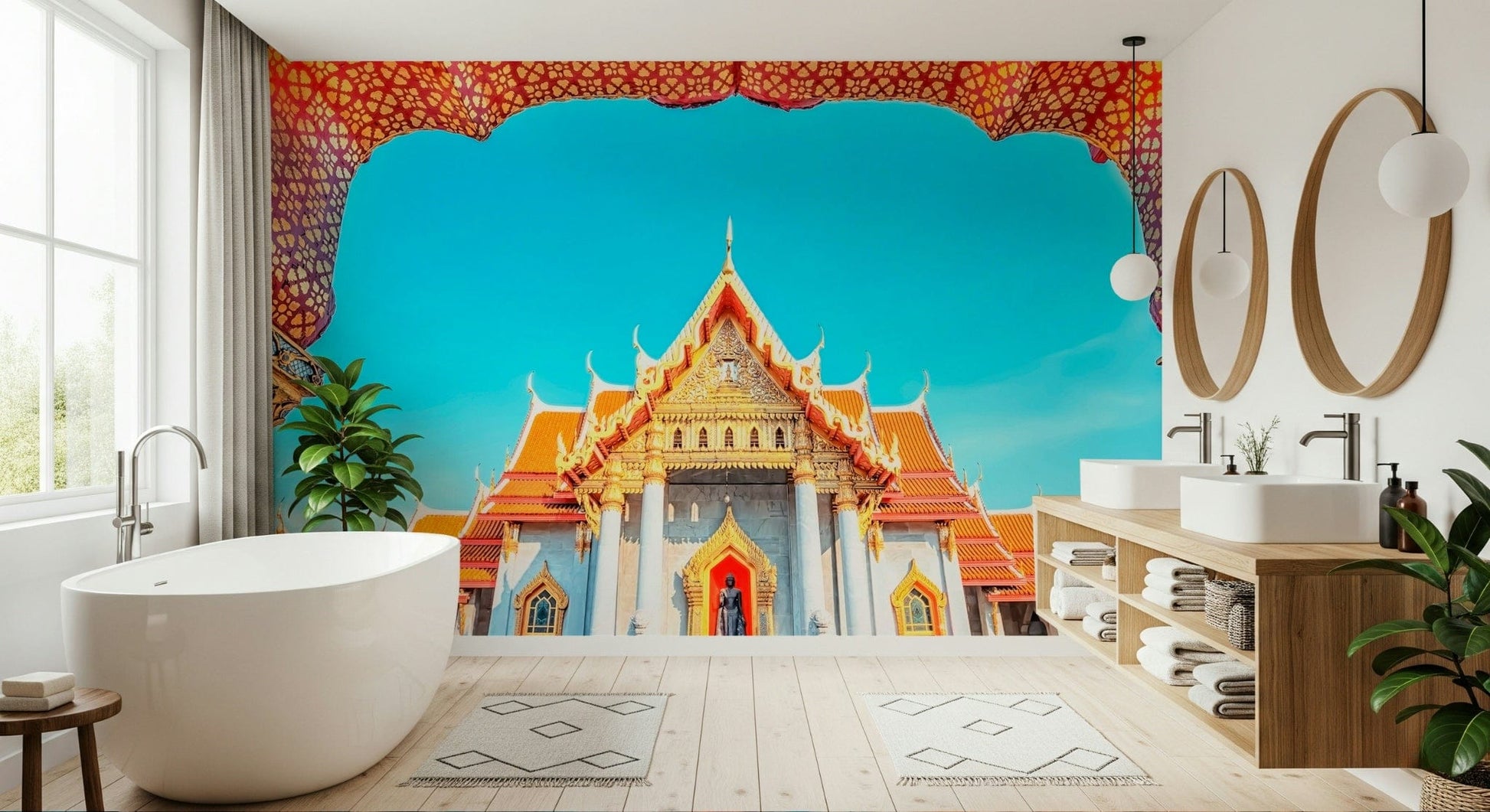 Temple of Dawn Wall Mural brings a striking temple view into a calm Bathroom, GD7938