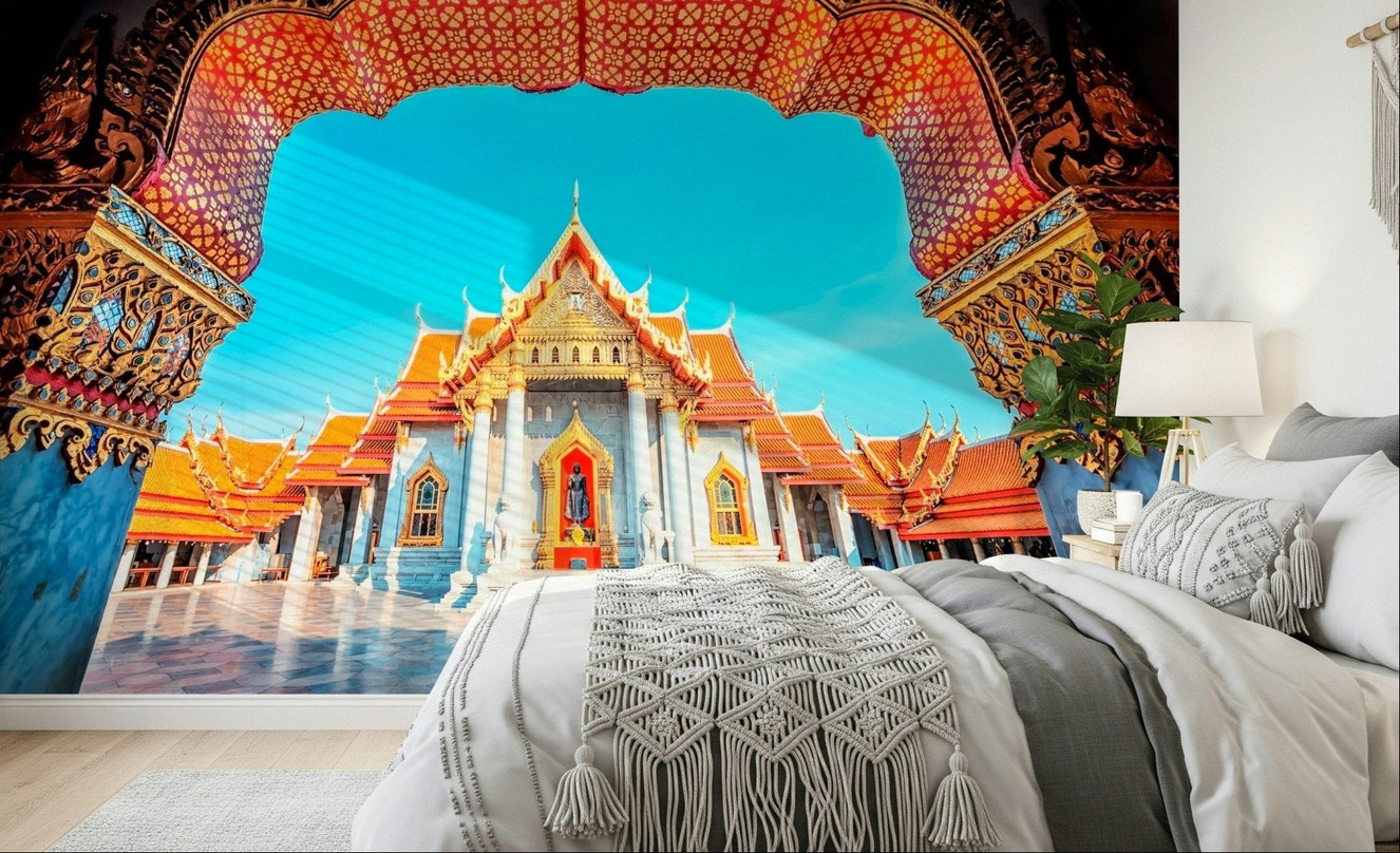 Temple of Dawn Wall Mural adds grand heritage character behind a soft bedroom