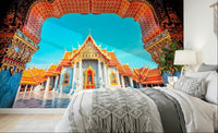 Temple of Dawn Wall Mural adds grand heritage character behind a soft bedroom, GD7938