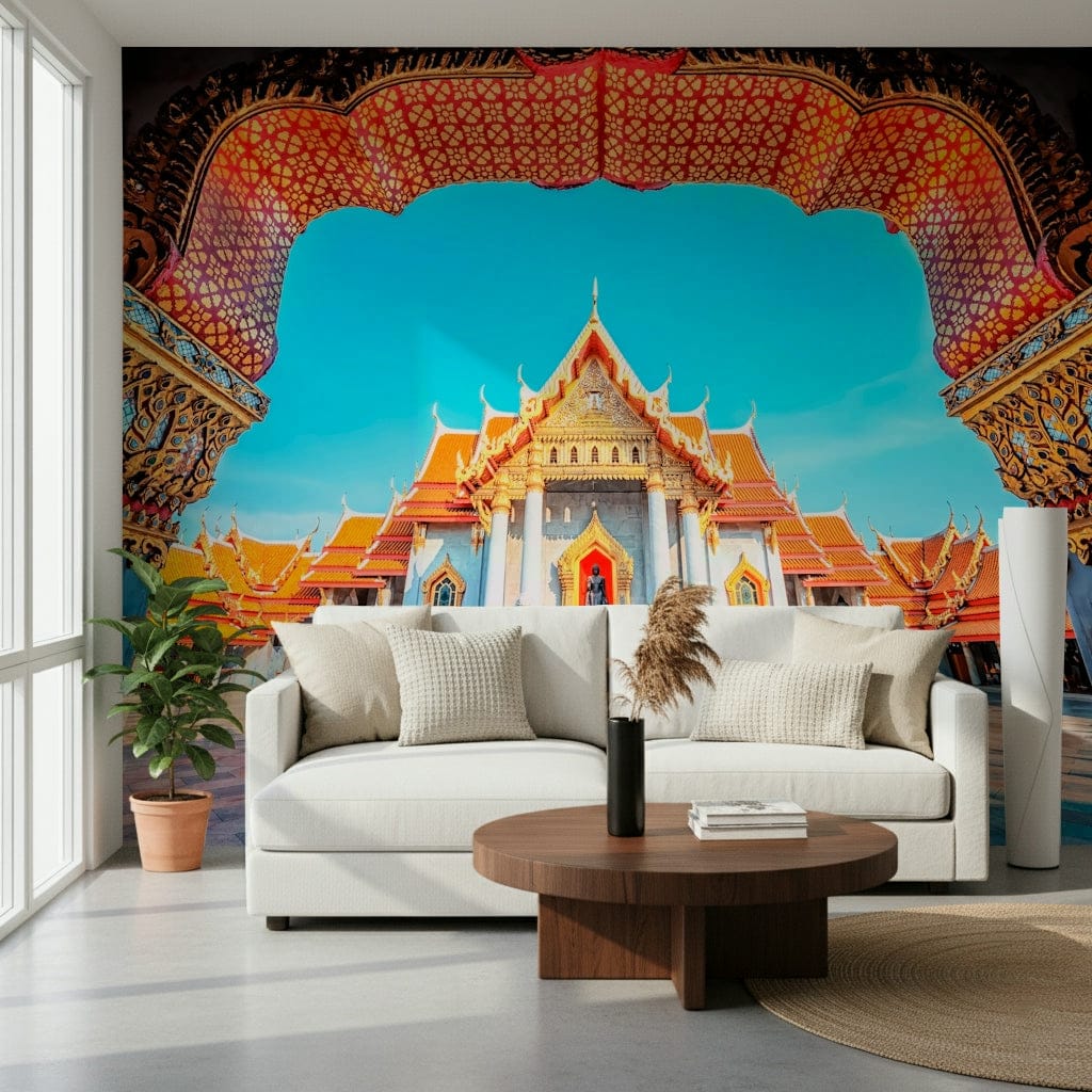 Bright lounge styled with Temple of Dawn Wall Mural and ornate archway framing, GD7938
