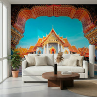 Bright lounge styled with Temple of Dawn Wall Mural and ornate archway framing, GD7938