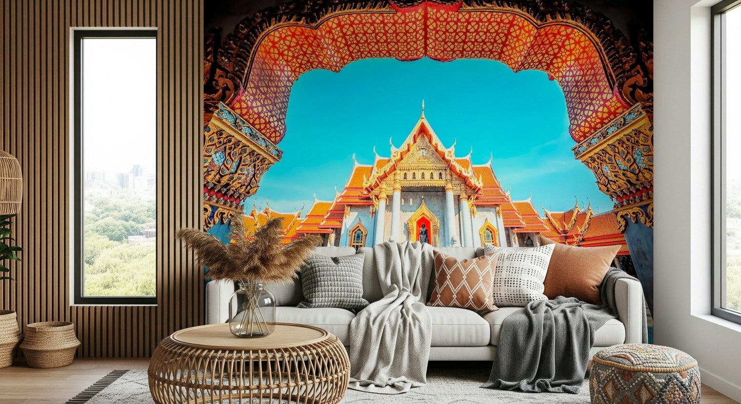 Relaxed Living corner featuring Temple of Dawn Wall Mural and golden rooflines, GD7938