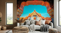 Relaxed Living corner featuring Temple of Dawn Wall Mural and golden rooflines, GD7938