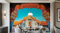 Dining nook finished with Temple of Dawn Wall Mural and layered roofline scenery, GD7938