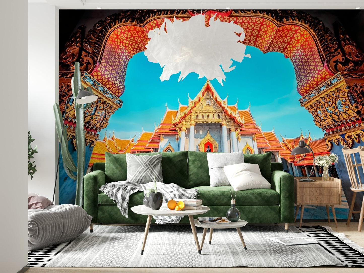 Green sofa area styled with Temple of Dawn Wall Mural and vibrant facade detail, GD7938