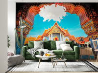 Green sofa area styled with Temple of Dawn Wall Mural and vibrant facade detail, GD7938