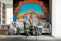 Cozy living room paired with Temple of Dawn Wall Mural and ornate temple frontage, GD7938