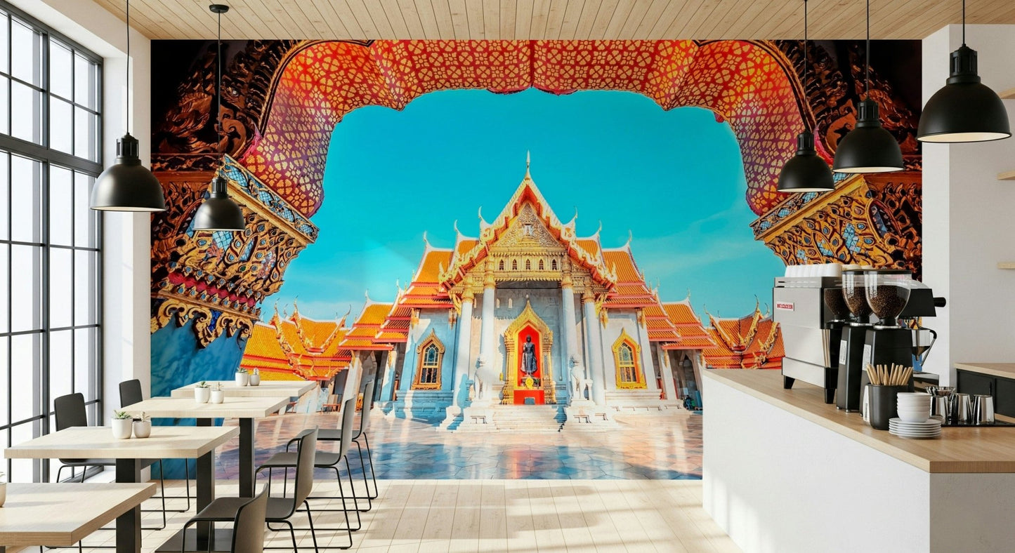 Temple of Dawn Wall Mural creates a bold temple backdrop in a modern café space, GD7938