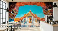Temple of Dawn Wall Mural creates a bold temple backdrop in a modern café space, GD7938