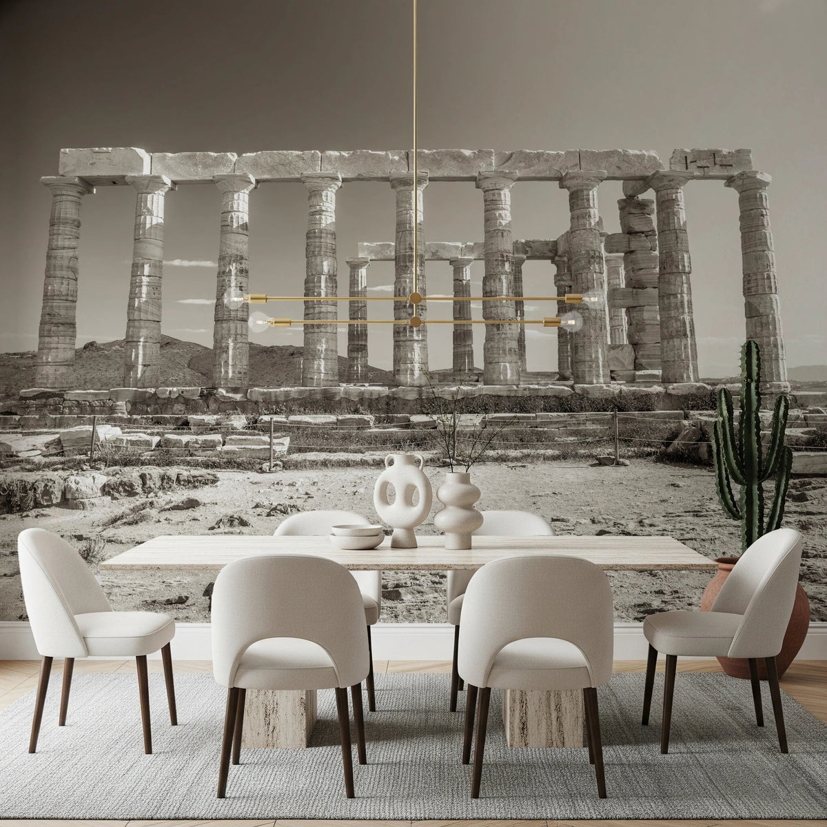Dining room styled with Temple of Poseidon Wall Mural and ancient column backdrop, GD8623