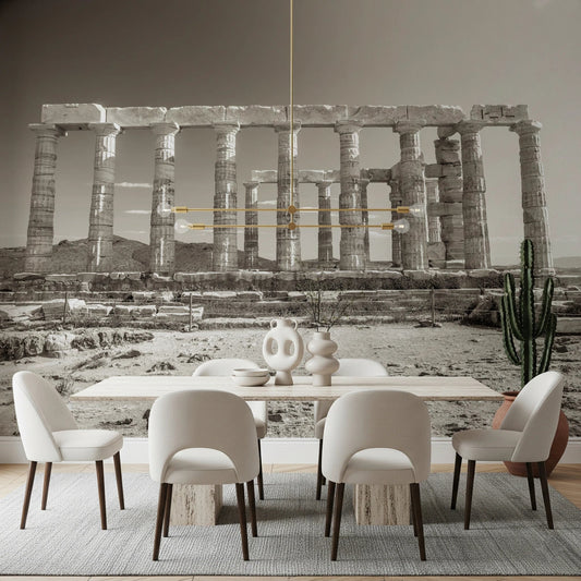 Dining room styled with Temple of Poseidon Wall Mural and ancient column backdrop