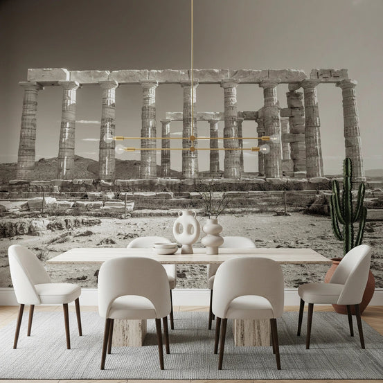 Dining room styled with Temple of Poseidon Wall Mural and ancient column backdrop, GD8623