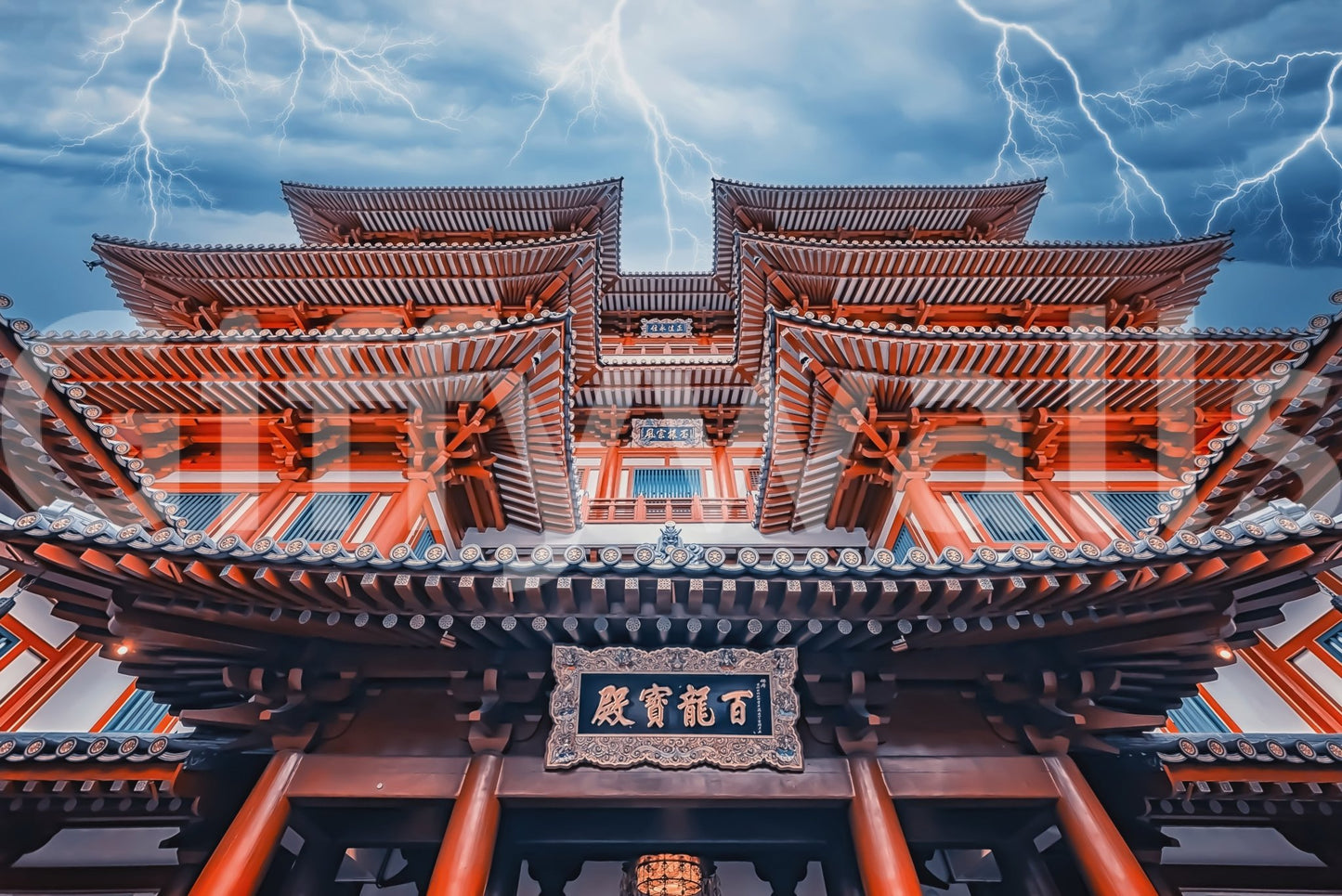 Vibrant look at tiered eaves of a Buddhist structure GD5026