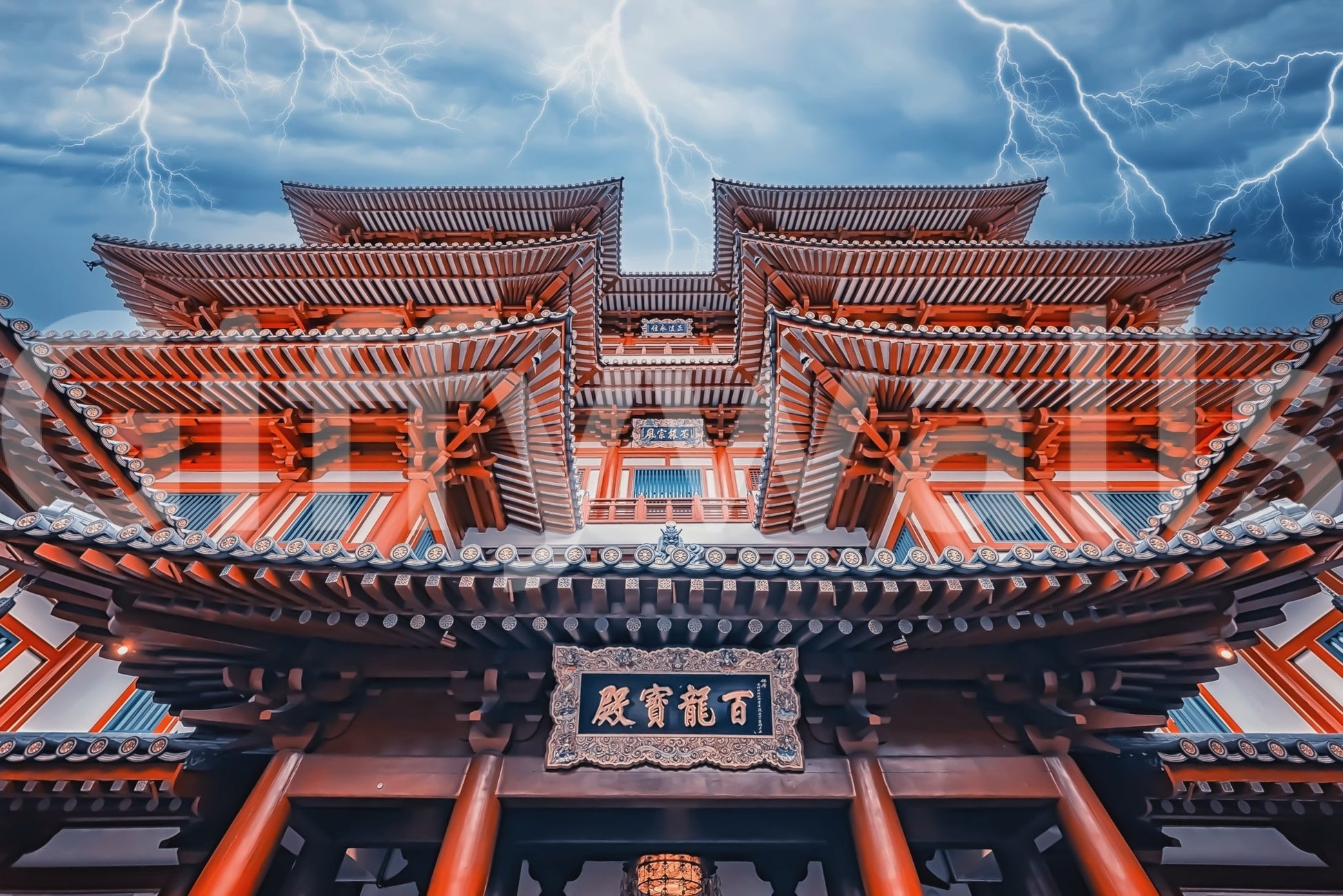 Vibrant look at tiered eaves of a Buddhist structure GD5026