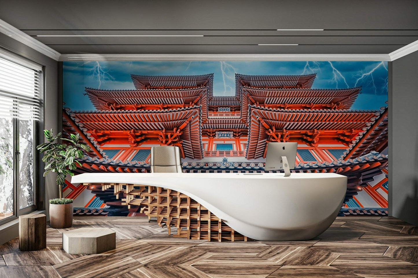Red traditional Asian temple architecture under lightning GD5026
