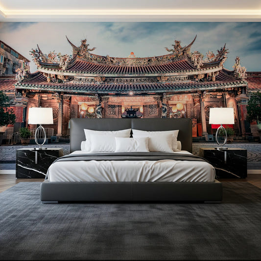 Bedroom with Temple Twilight Wall Mural and ornate temple facade