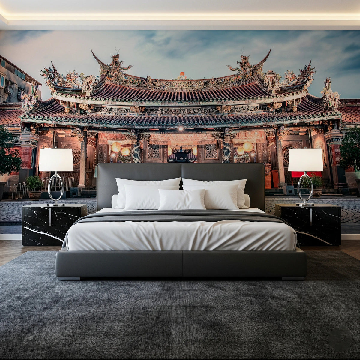 Bedroom with Temple Twilight Wall Mural and ornate temple facade, GD8065