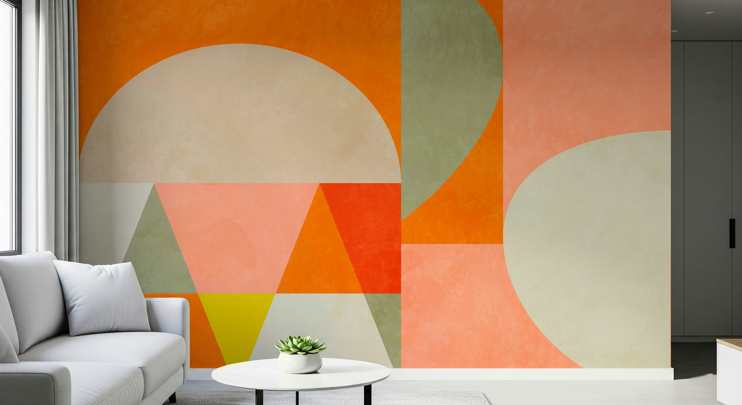 A graceful modern abstract wall mural in warm, earth tones.

