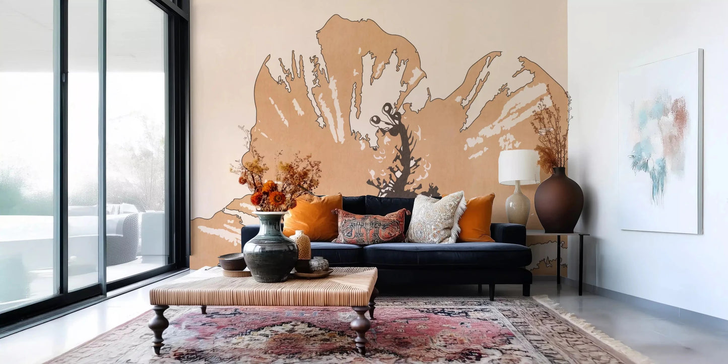Open bloom styling appears on Terra Bloom Silhouette wall mural in a hallway