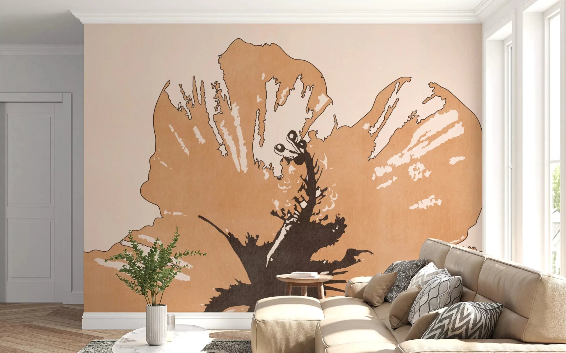 Warm beige shading softens Bloom Silhouette wall mural with floral character