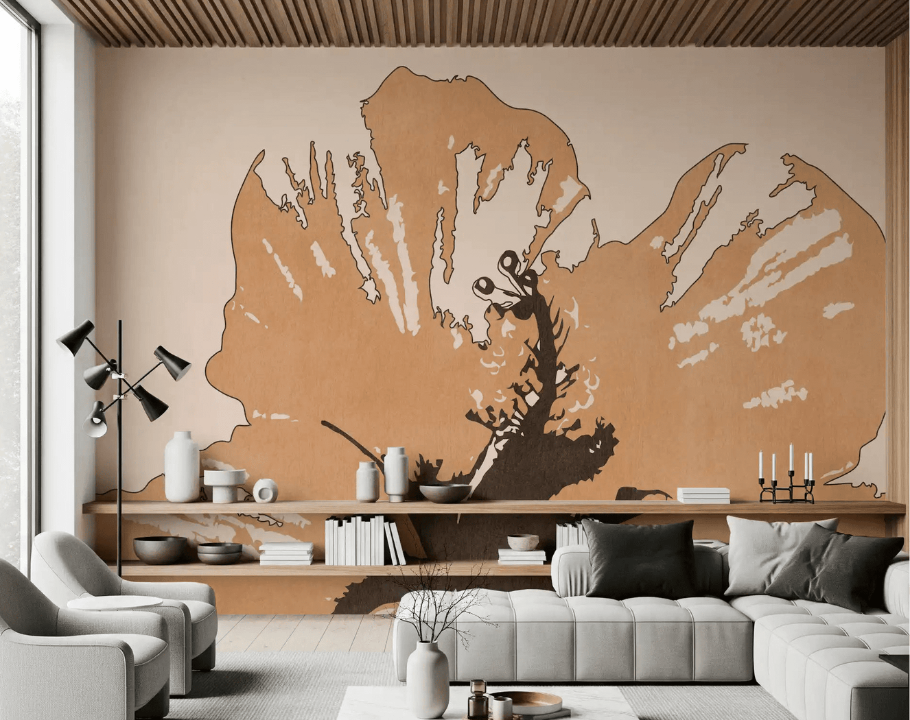 Sandy petals shape Terra Bloom Silhouette wall mural in a living room
