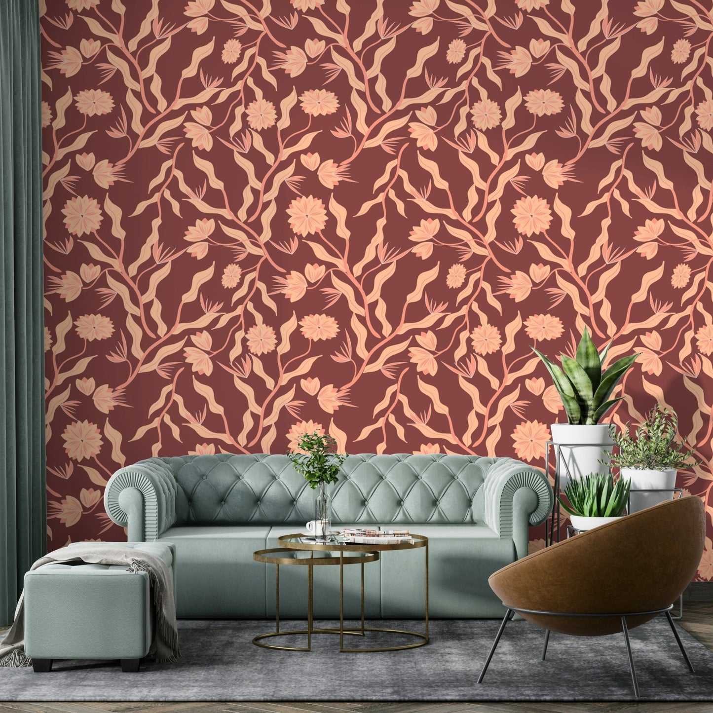 Earthy flower pattern wallpaper in natural hues

