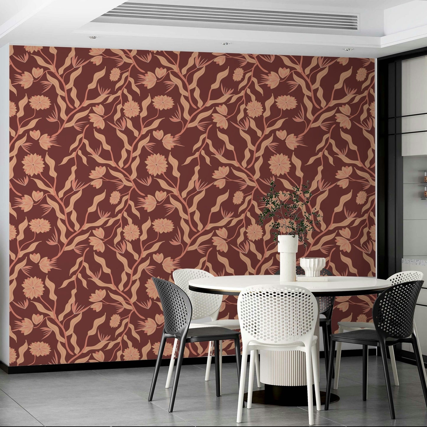 Organic floral wallpaper in terra cotta and cream

