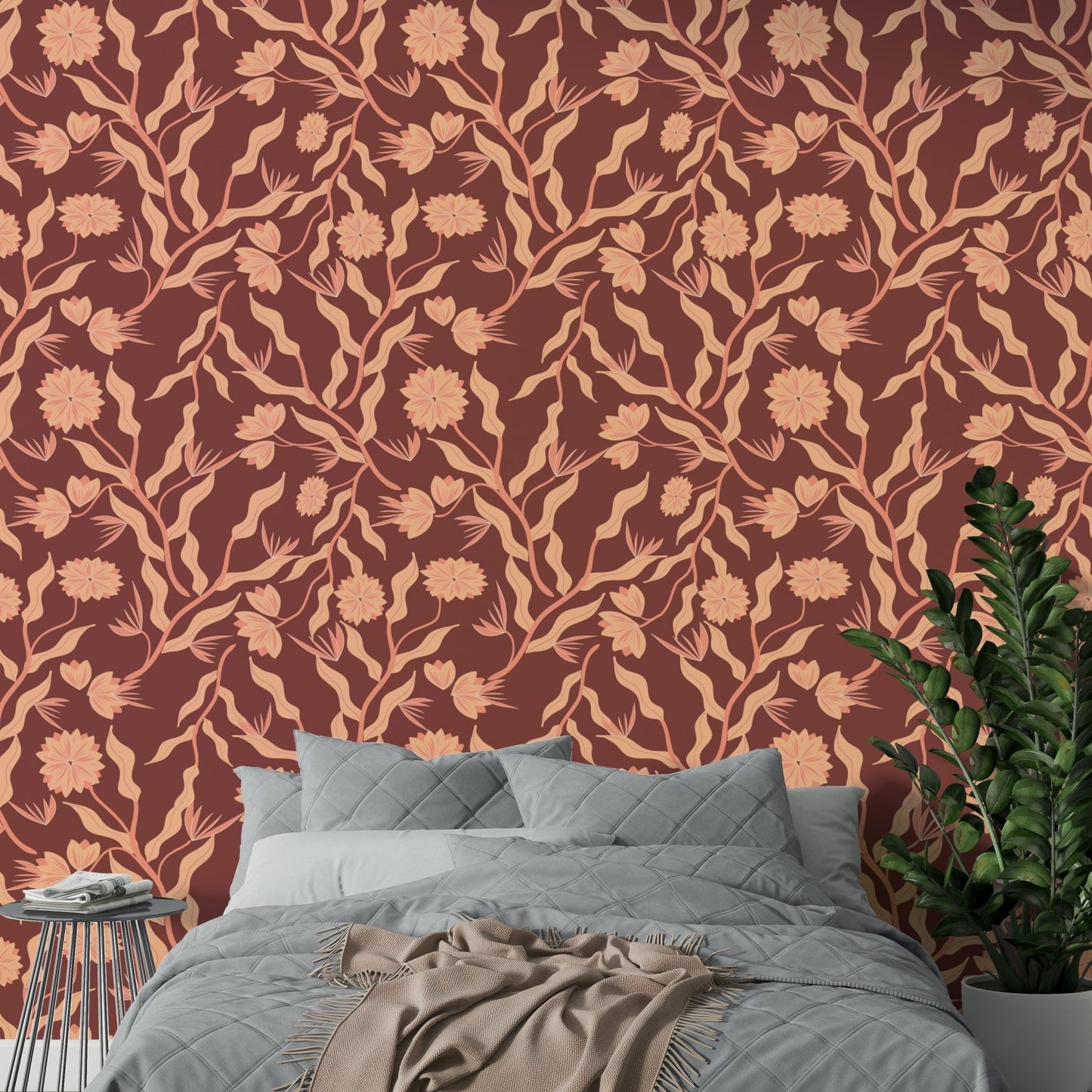 Blooming botanical wallpaper with terracotta tones

