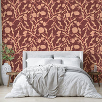 Terracotta wallpaper featuring bold flower motifs

