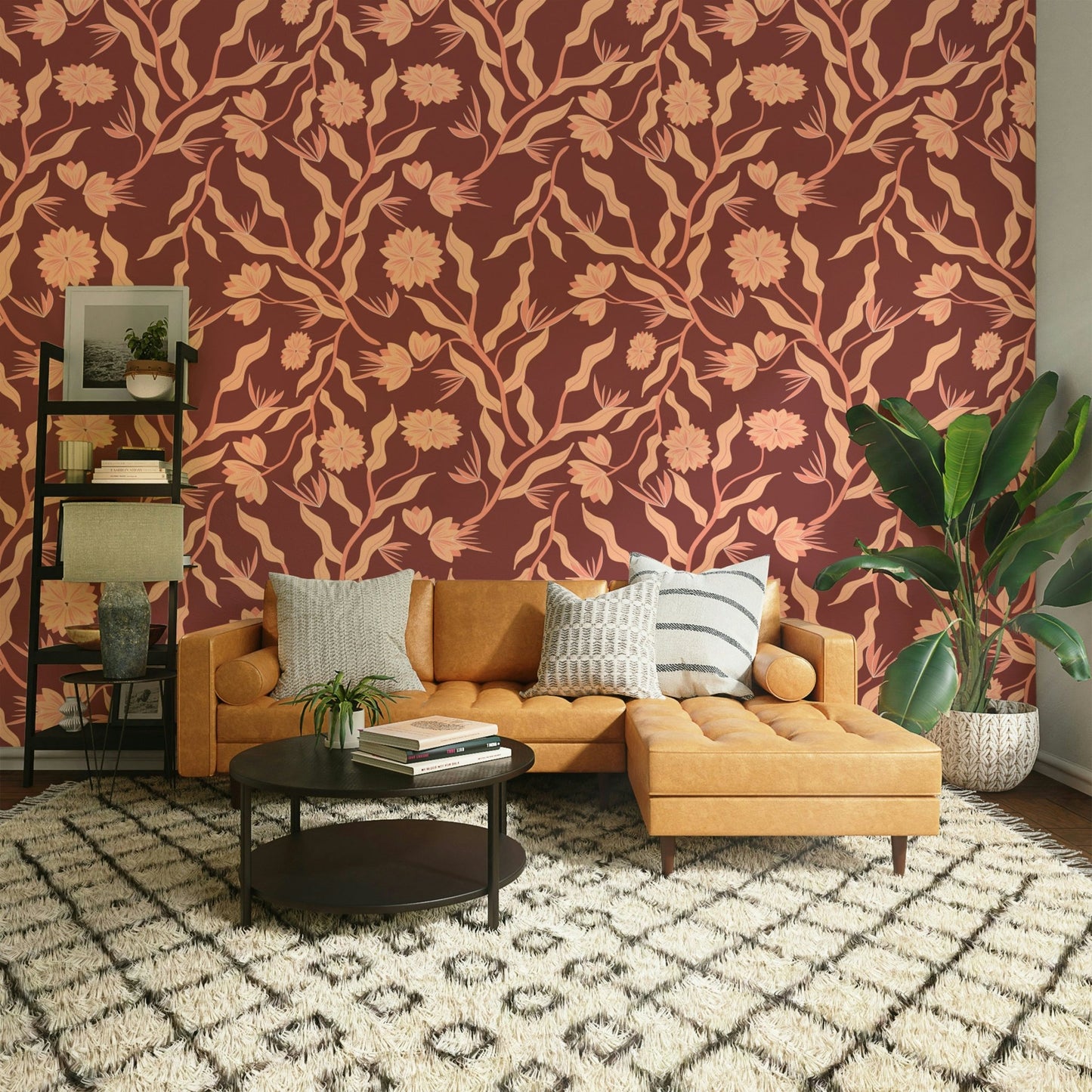 Terra bloom mural with elegant botanical illustrations

