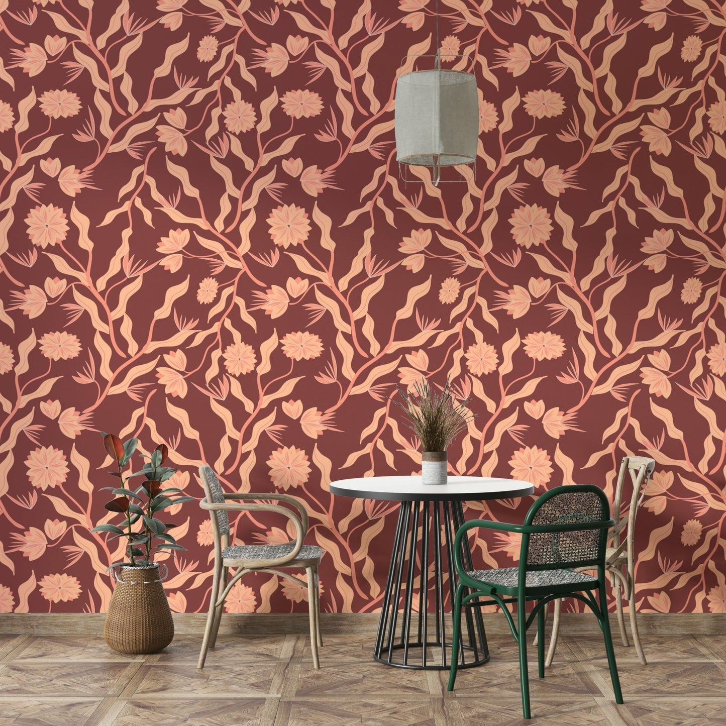 Nature-inspired wallpaper with stylized warm florals

