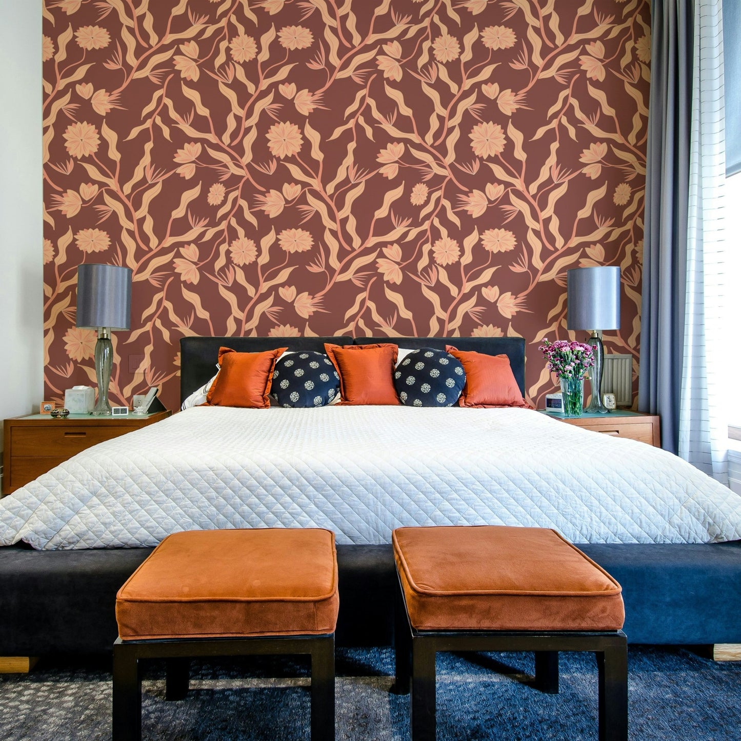 Modern boho wallpaper with earthy floral elements

