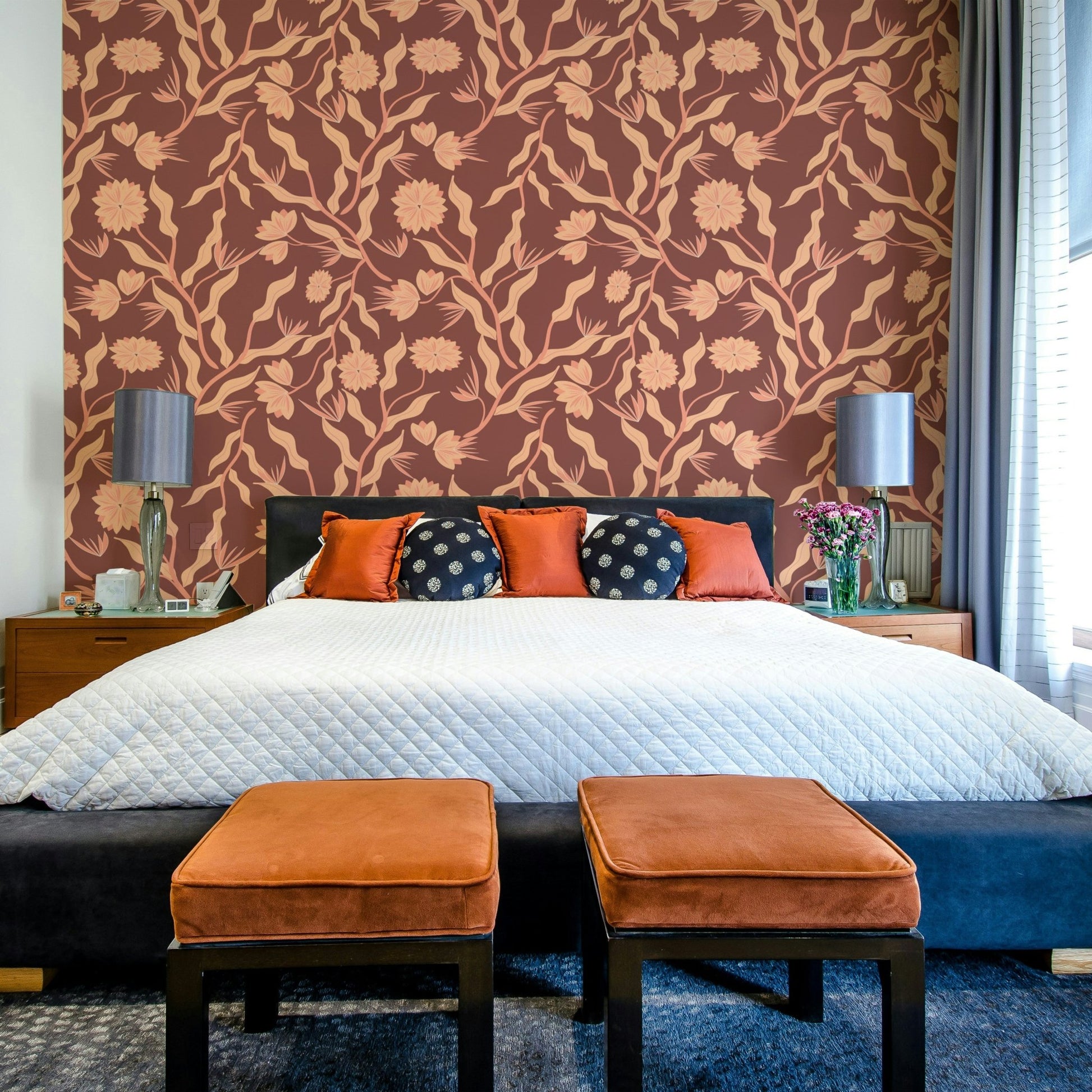 Modern boho wallpaper with earthy floral elements


