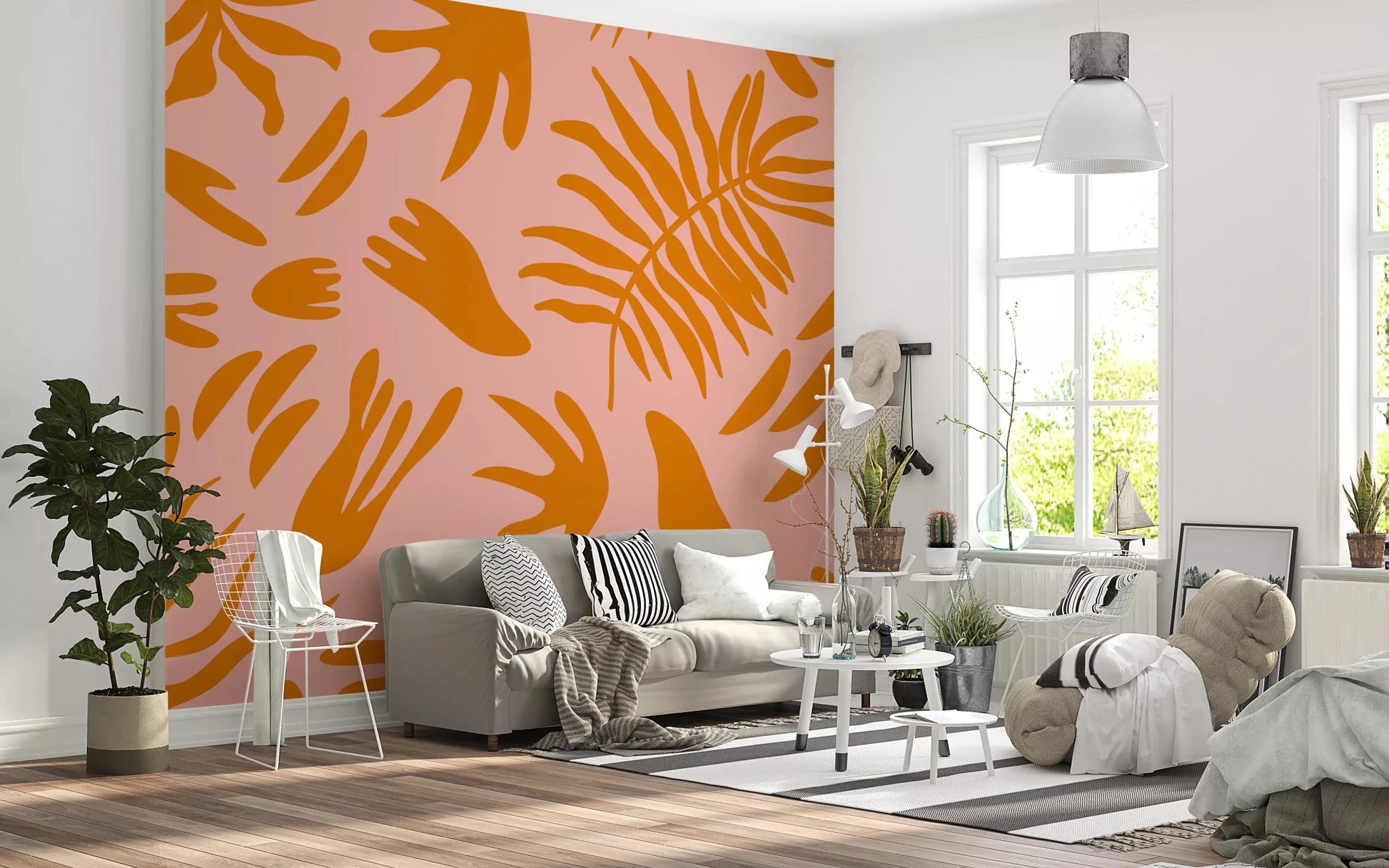 Blush botanical wall mural showing scattered terra leaves and floral formsGD9159