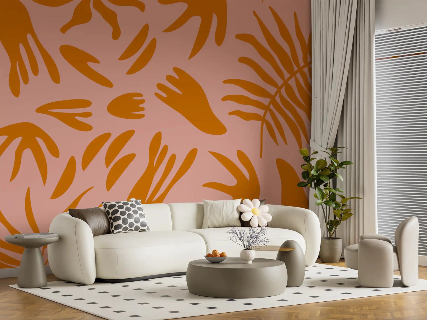 Retro wall mural pattern with terra plant shapes across a soft pink baseGD9159