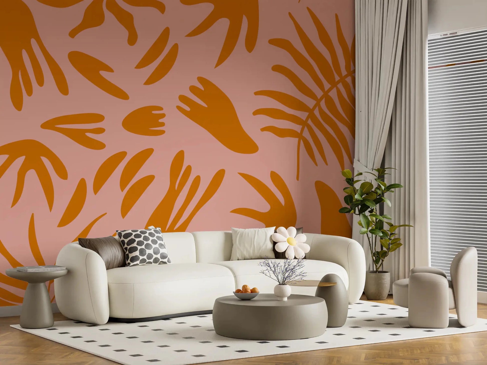 Retro wall mural pattern with terra plant shapes across a soft pink baseGD9159