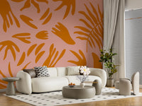 Retro wall mural pattern with terra plant shapes across a soft pink baseGD9159