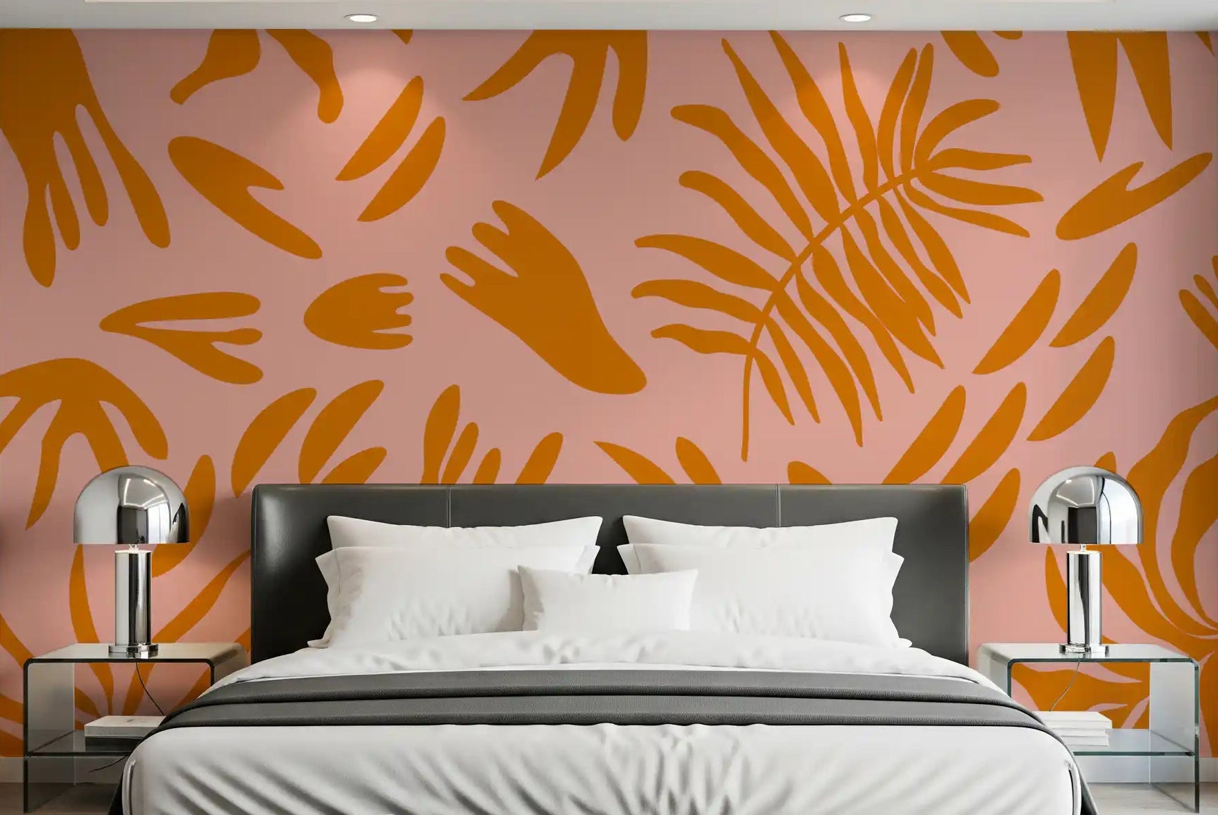 Bedroom styled with Terra & Blush Flora Wall Mural in terra leaf tonesGD9159