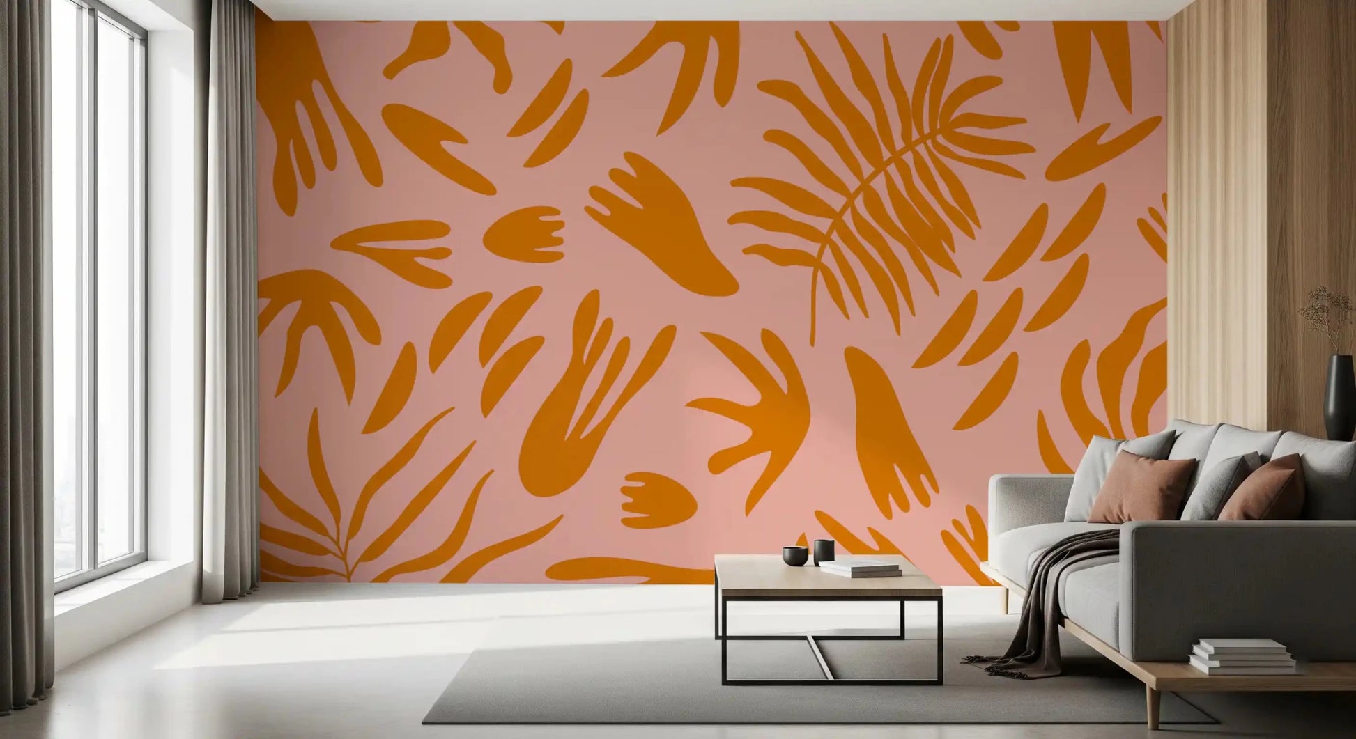 Terra orange flora mural set on blush pink with abstract tropical leavesGD9159