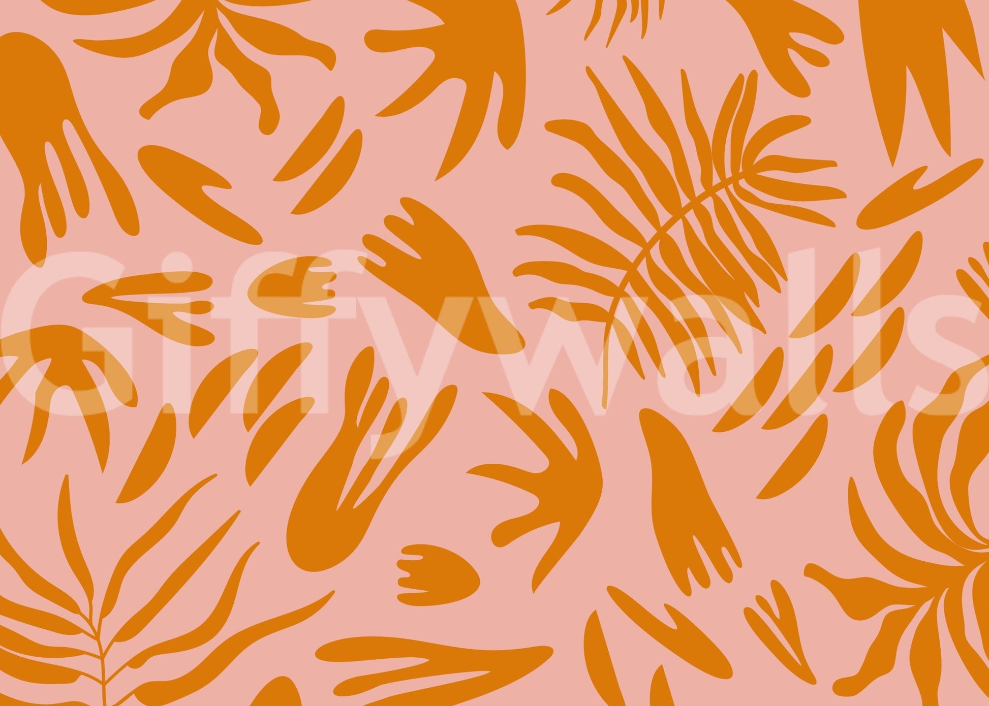 Tropical flora wall mural featuring bold orange shapes on a pink backdropGD9159