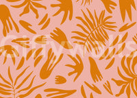 Tropical flora wall mural featuring bold orange shapes on a pink backdropGD9159