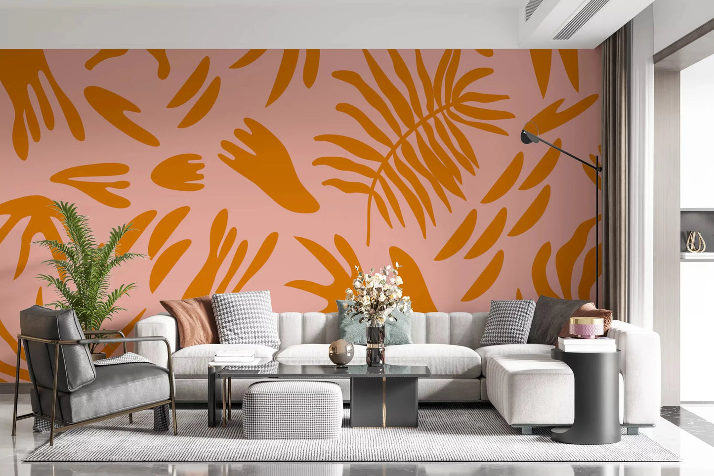 Living room design uses terra leaf wall mural with soft blush contrastGD9159