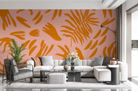 Living room design uses terra leaf wall mural with soft blush contrastGD9159