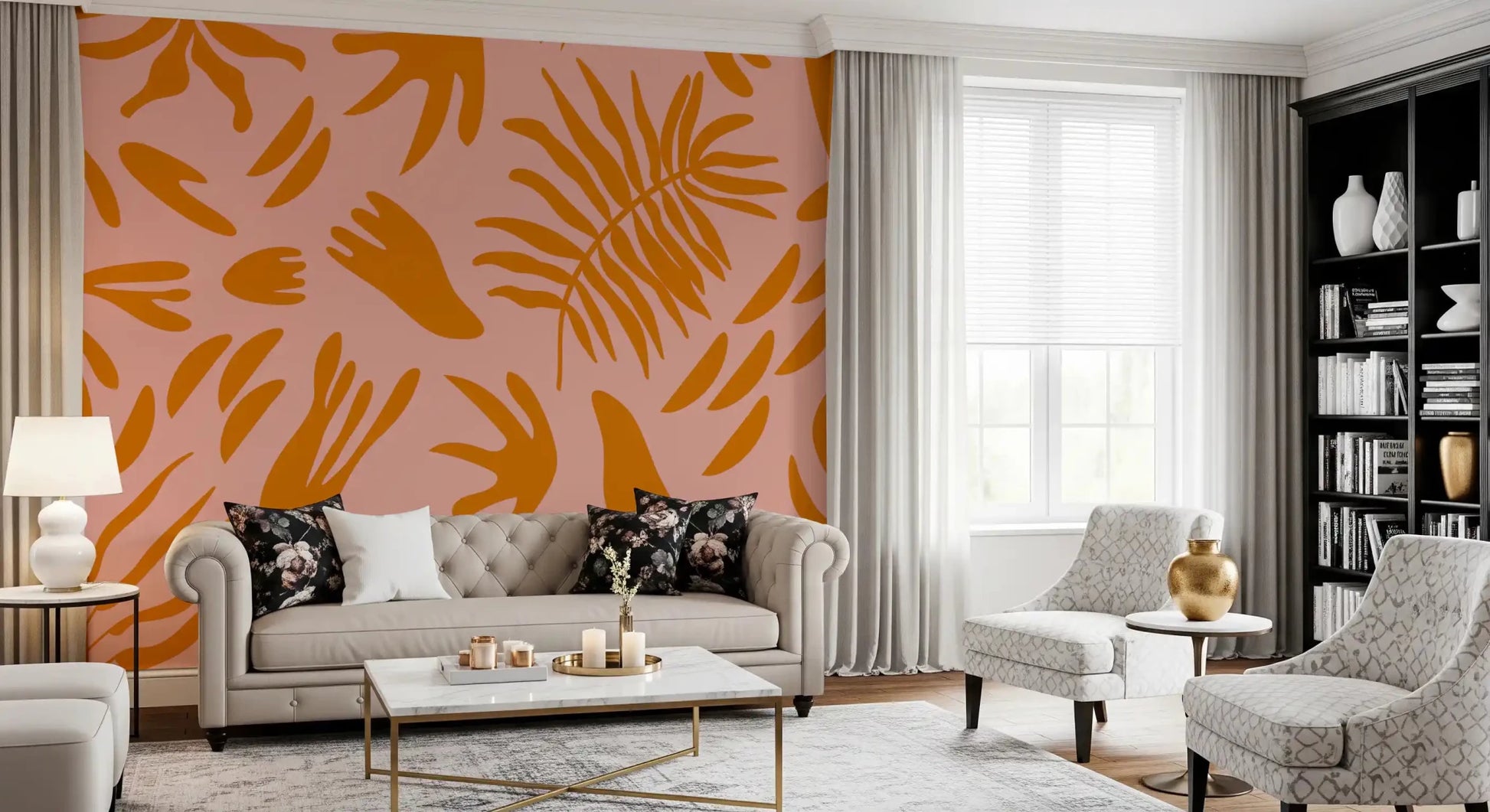 Office space features botanical wall mural in terra orange and blush pinkGD9159