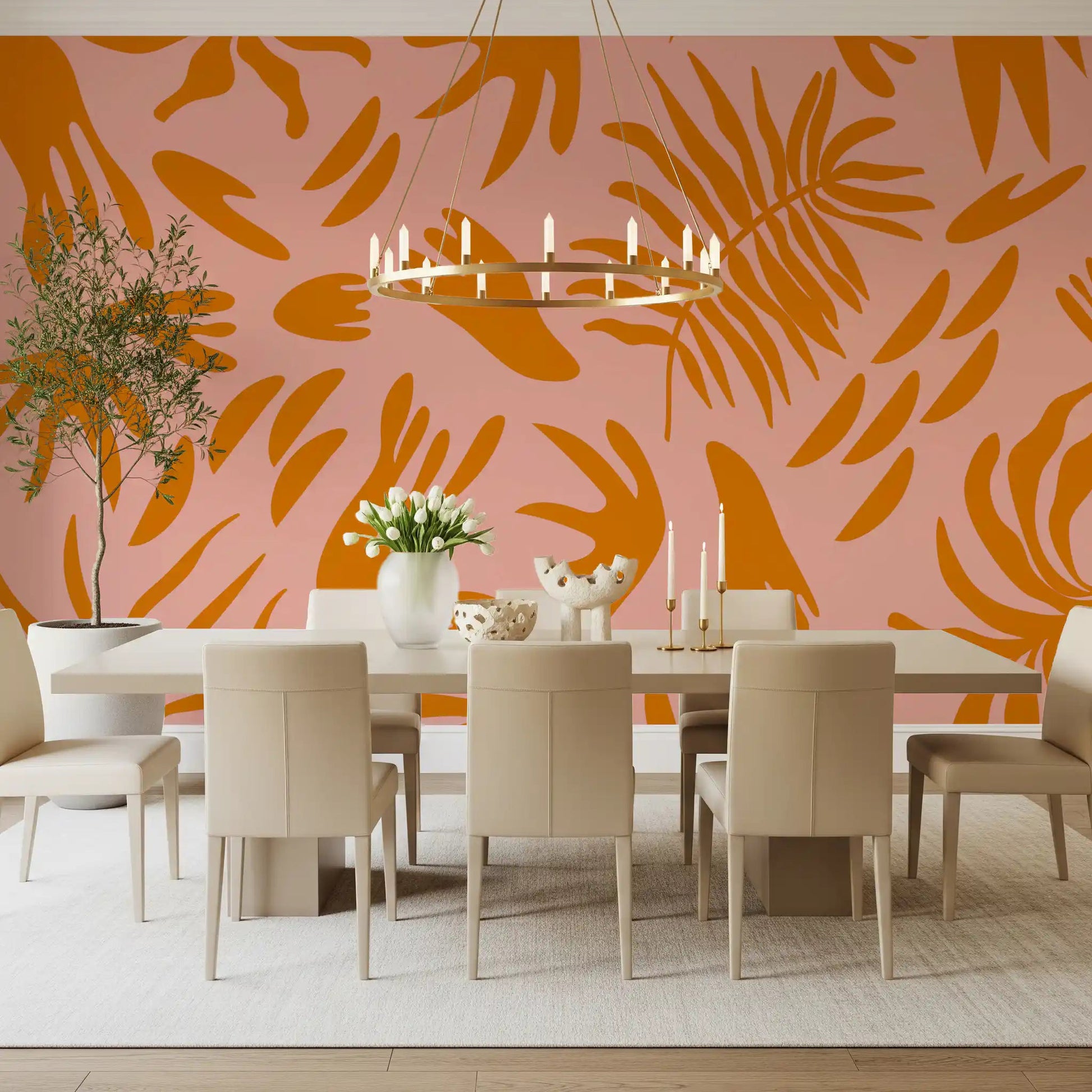 Dining area wall shows blush pink mural with bold terra floral silhouettesGD9159
