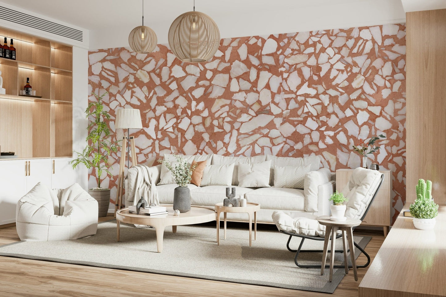 Bright Terracotta base wallpaper with marble fragments.