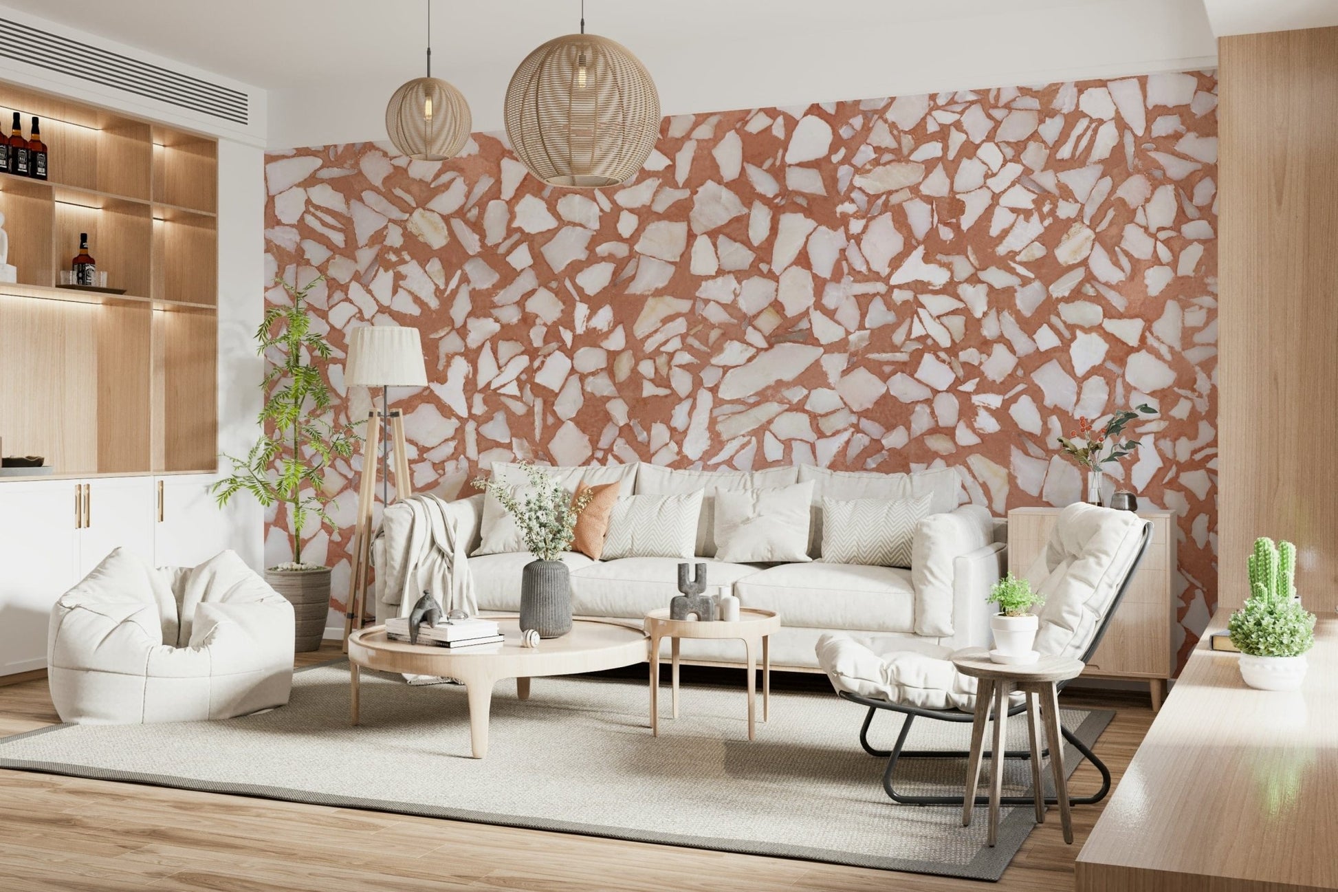 Bright Terracotta base wallpaper with marble fragments.