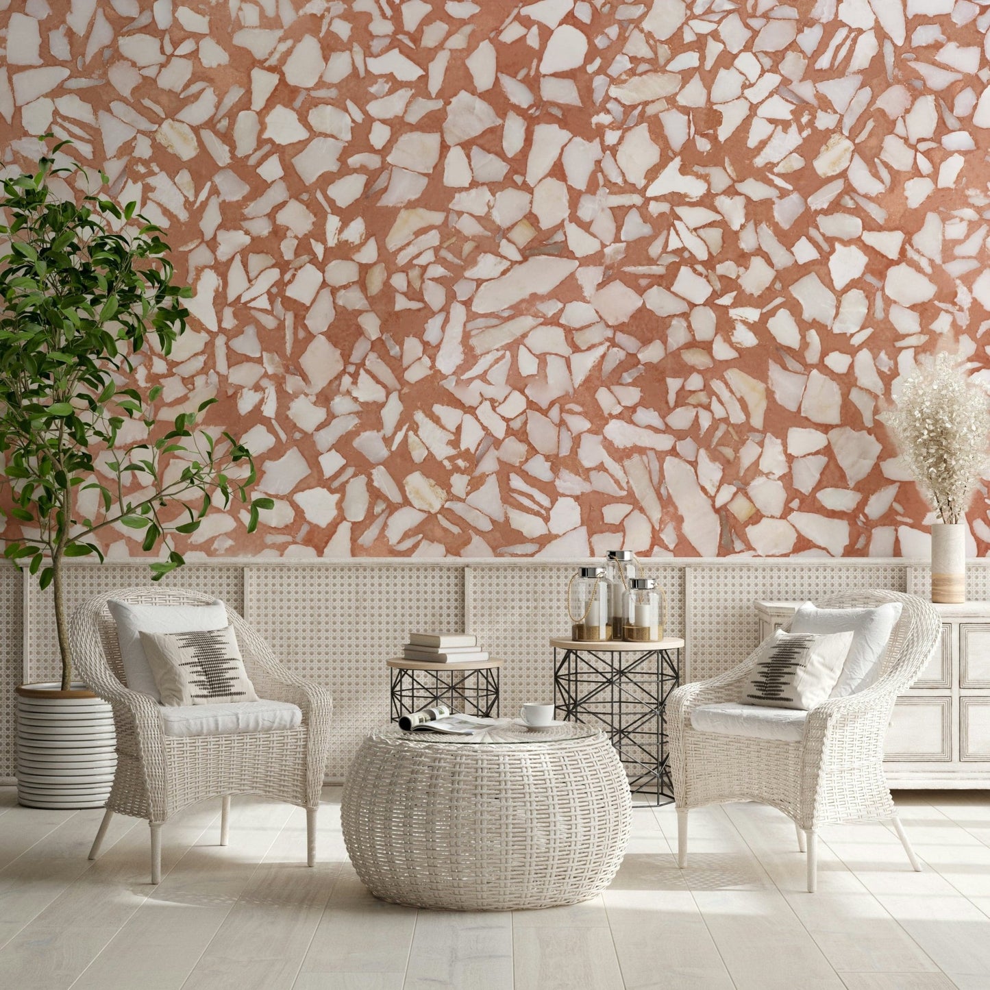 Vivid Terracotta chip Terrazzo wallpaper surface.